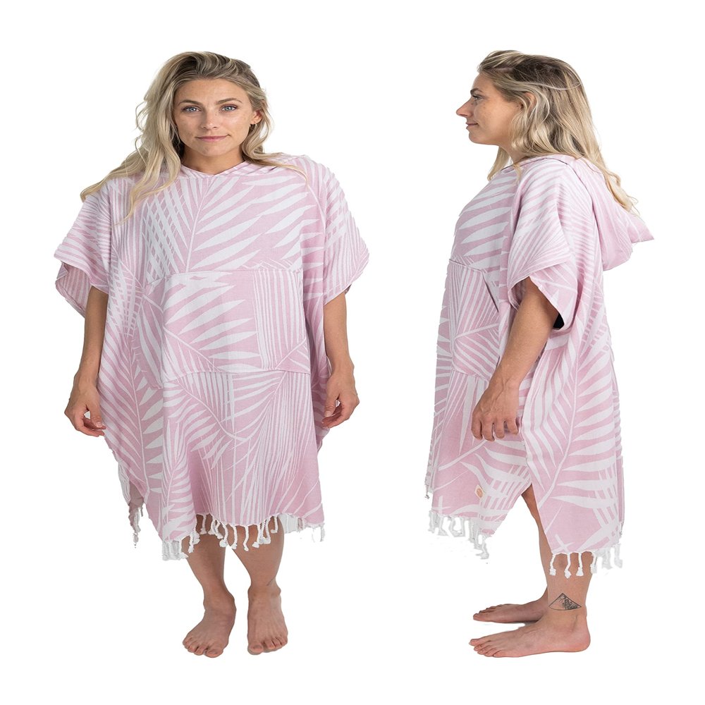Nova Blue Towel Poncho  Tropical Pink Palm Leaves Swimsuit Coverup  Hooded Bathing Suit Coverup (33 x 37)  100% Turkish Cotton Quick Dry Towel Dress for Beach & Pool