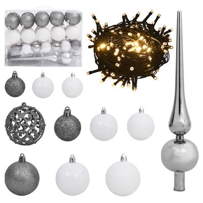 CHARMMA 61 Piece Christmas Ball Set with Peak and 150 LEDs White&Gey-0.8KG