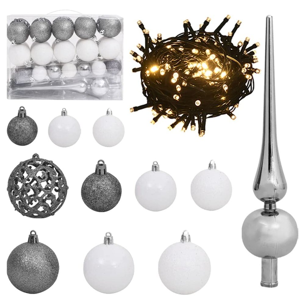 CHARMMA 61 Piece Christmas Ball Set with Peak and 150 LEDs White&Gey-0.8KG