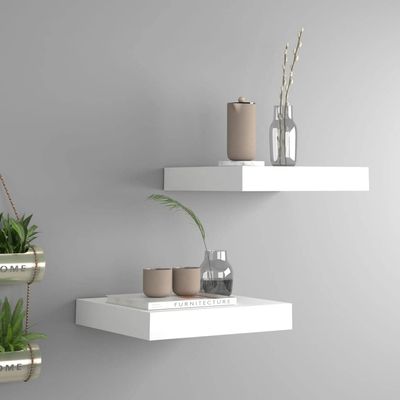 CHARMMA Floating Shelves Wall Mounted, Rustic Wood Wall Shelves for Bedroom, Bathroom, Living Room, Kitchen, Laundry Room Storage & Decoration, Set of 2 White 9.1"x9.3"x1.5" MDF