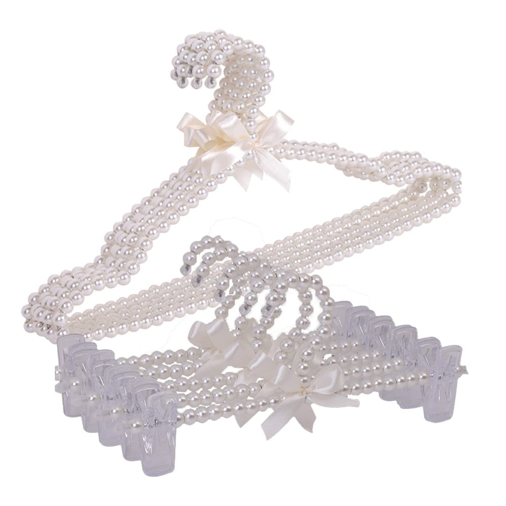 10 PCS Pearl Hangers Artificial Pearl Jeans Shelves Bowknot Wedding Hangers and Trousers Hanging Clip (White),Pearl White