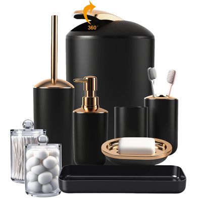 9 Pieces Black Bathroom Accessories Set, Gorgeous Bathroom Set, Trash Can, Toilet Brush, Soap Dispenser and Toothbrush Holder, Soap Dish, Tumber, Qtip Holder, Tray, Sink Countertop Set Decor