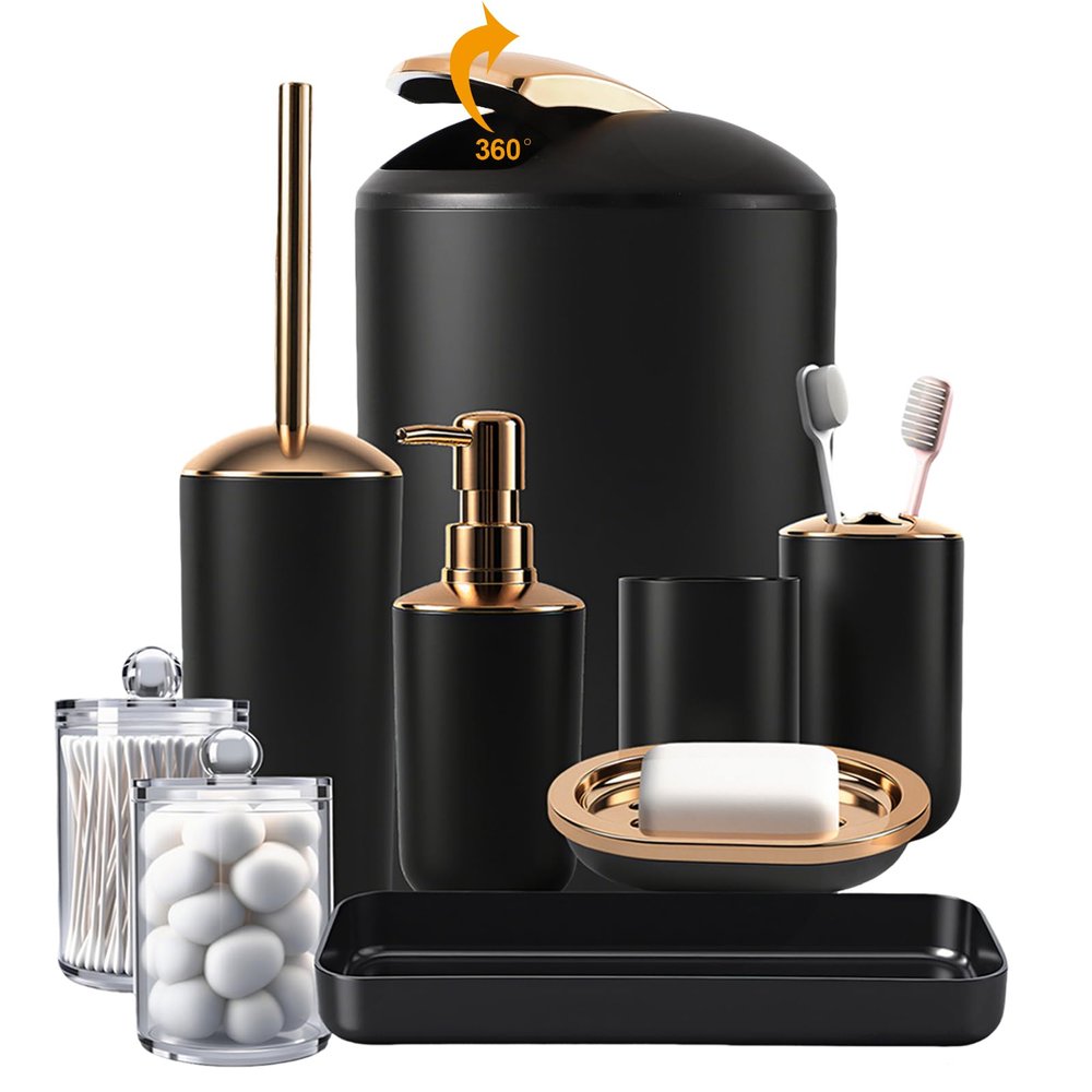 9 Pieces Black Bathroom Accessories Set, Gorgeous Bathroom Set, Trash Can, Toilet Brush, Soap Dispenser and Toothbrush Holder, Soap Dish, Tumber, Qtip Holder, Tray, Sink Countertop Set Decor