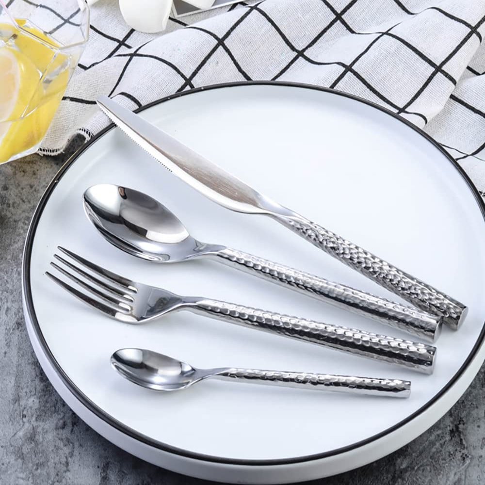 24 Piece Silverware Set for 6, Hammered Flatware Cutlery Set Modern Stainless Steel Dinnerware Tableware Sets for Kitchen Family Gatherings & Daily Use Dishwasher Safe