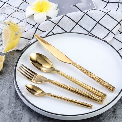 24 Piece Gold Silverware Set for 6, Hammered Flatware Cutlery Set Modern Stainless Steel Dinnerware Tableware Sets for Kitchen Family Gatherings & Daily Use Dishwasher Safe