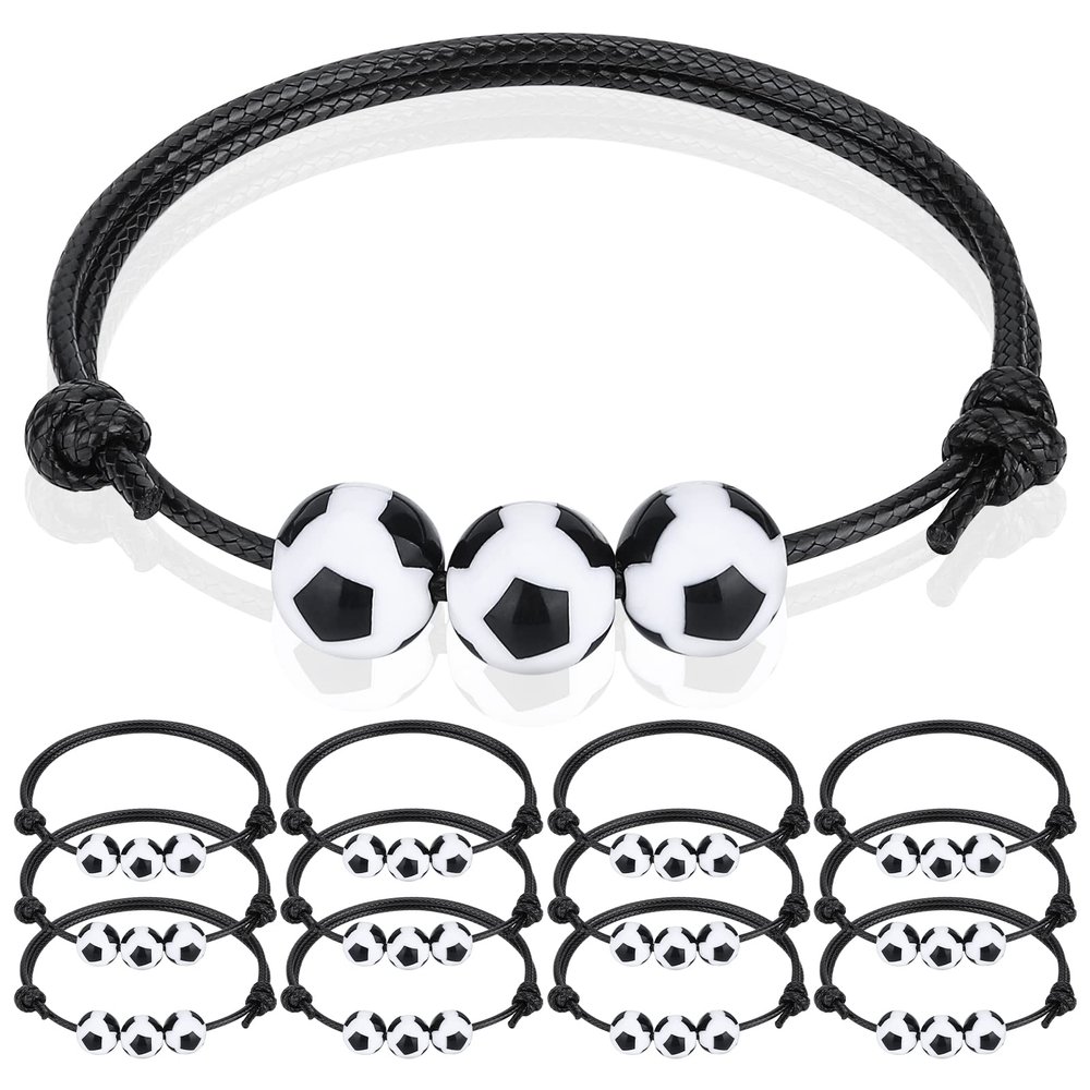 12Pcs Soccer Charm Bracelets Soccer Party Favors Soccer Beads Adjustable Wristband Inspirational Sports Ball Bracelet for Men Women Teens Halloween Christmas Birthday Party Gifts Soccer Favor for Team