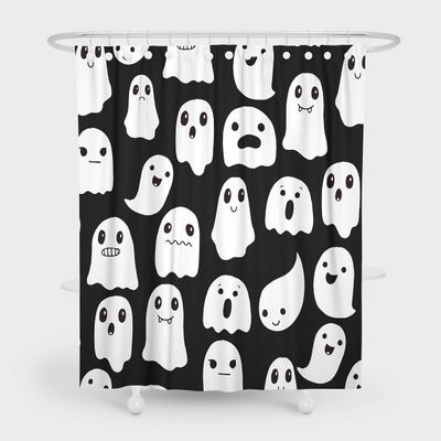 SHENGJUN 72x78 Inches Halloween Ghost Shower Curtain, Spooky Cute Funny Cartoon Ghosts Icons Black and White Fabric Kids Boy Trick or Treat Bathroom Shower Curtain with 12 Hooks