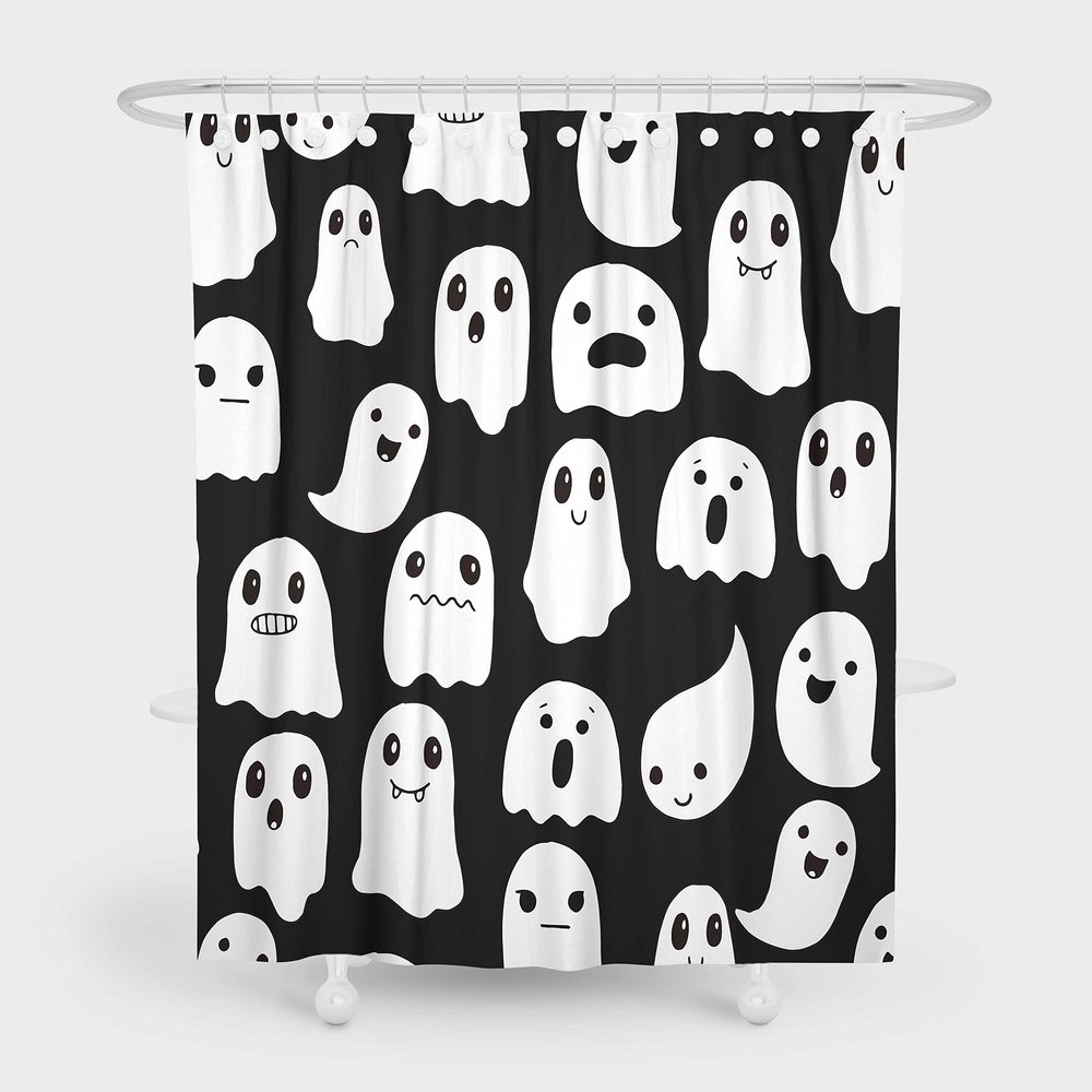 SHENGJUN 72x78 Inches Halloween Ghost Shower Curtain, Spooky Cute Funny Cartoon Ghosts Icons Black and White Fabric Kids Boy Trick or Treat Bathroom Shower Curtain with 12 Hooks