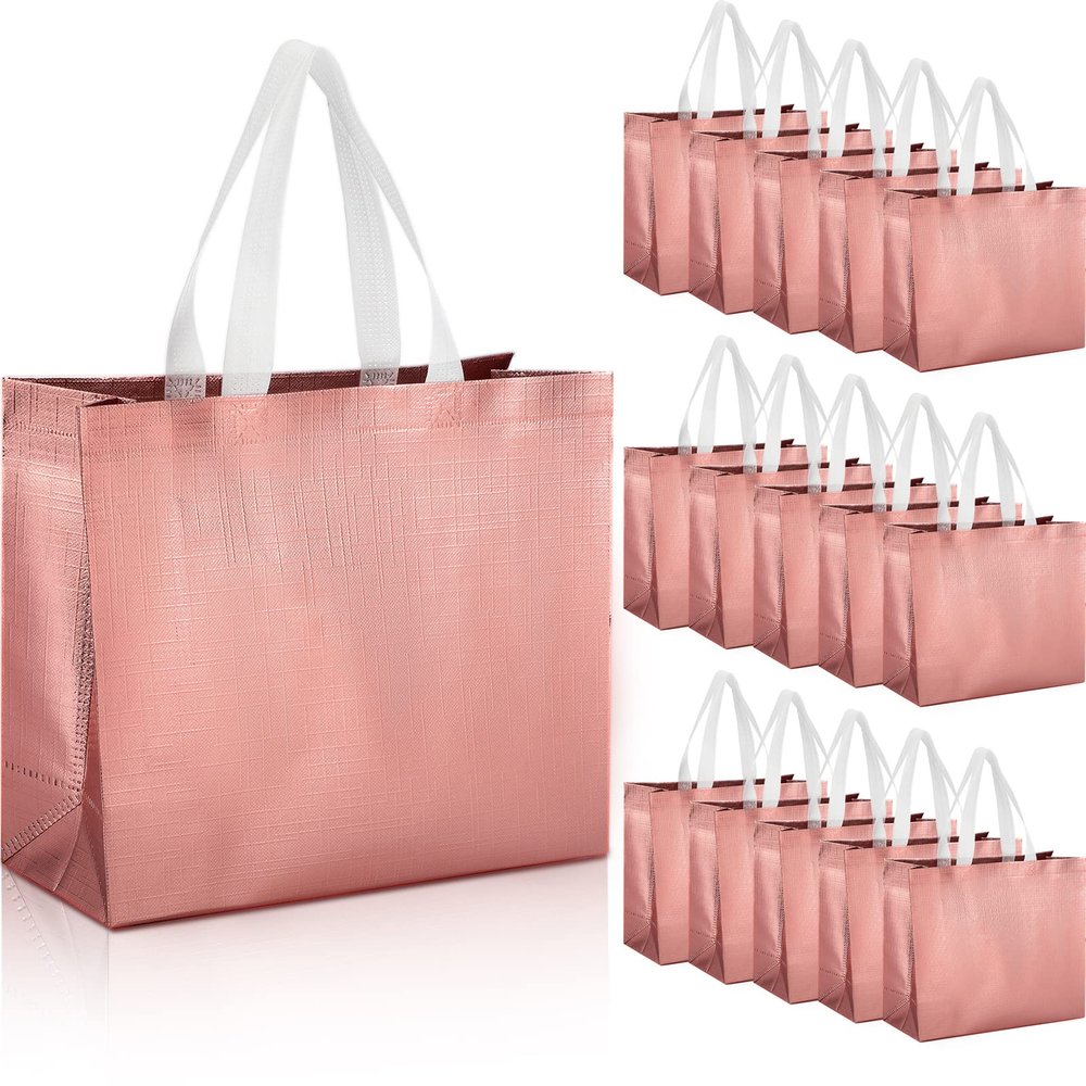 Reginary 72 Pack Reusable Gift Bags with Handles Large Glossy Reusable Grocery Tote Bags for Wedding Birthday Christmas(Rose Gold)