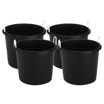 HOMZ 4-Pack Utility Tub, Large Plastic Storage Bucket with Rope Handles, 18 Gallon, Black - Portable Indoor and Outdoor Buckets for Kitchen, Laundry, Garden, Bathroom, and Garage Organization