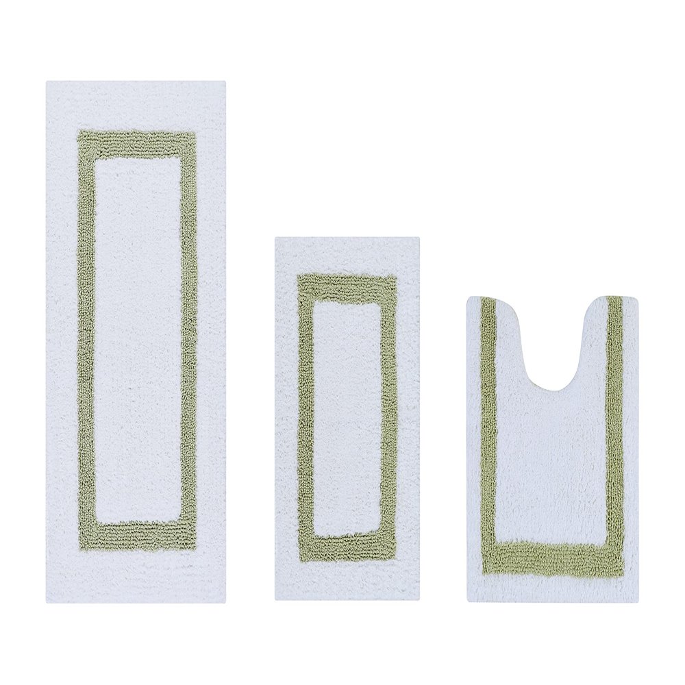 Better Trends 100% Cotton Hotel Collection Bath Mats Set, White & Sage Mats - Tufted, Reversible & Absorbent & Machine Washable 3 Piece Bathroom Rug Set, Toilet Base & Sink Bath Rug