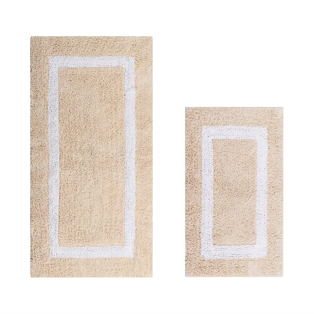 Better Trends 100% Cotton Hotel Collection Bath Mats Set, Sand & White Mats - Tufted, Reversible & Absorbent & Machine Washable 2 Piece Bathroom Rug Set, Shower & Sink Bath Mat, Rugs for Bathroom