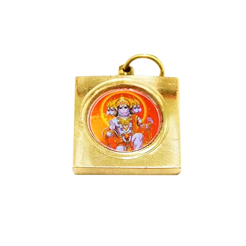 Indian Original Copper Gold Plated Square Pendant Sankat Mochan Panchmukhi Hanuman Yantra Locket with Mantra Sticker Frame for Success in Every Work, Vastu Sadhana, Car, Bike, Door & Home By indian