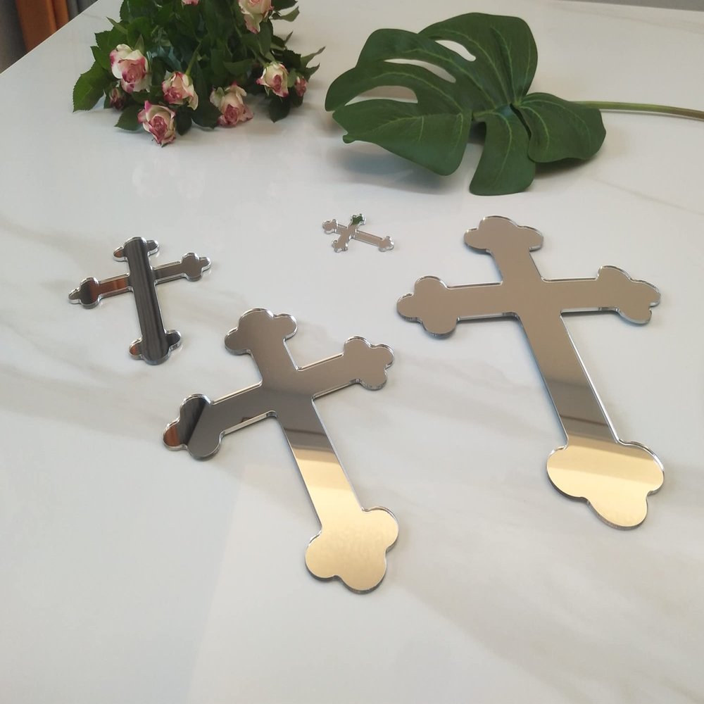 10pcs of Acrylic Baptism Cross Cake Topper, Mirror Cross Cake Decor, Gold Holy Communion Cross (8'', Silver Mirror)