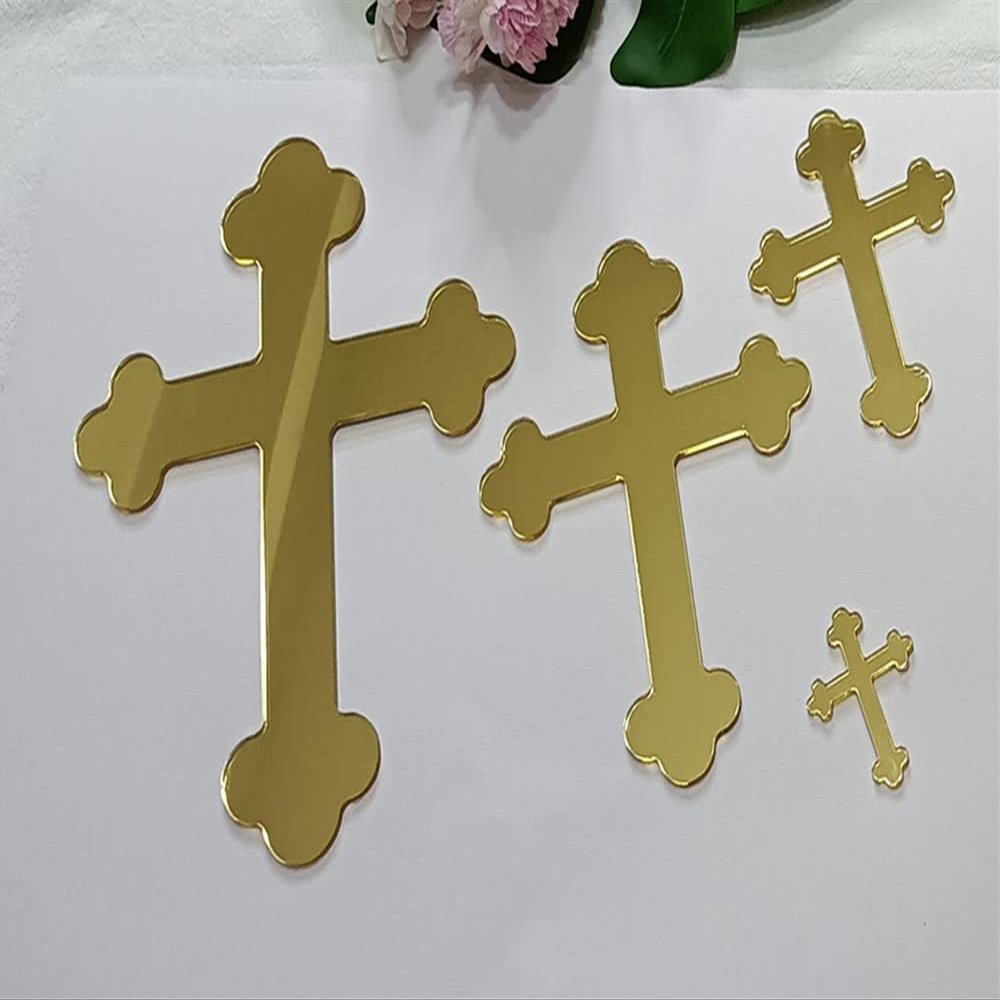 10pcs of Acrylic Baptism Cross Cake Topper, Mirror Cross Cake Decor, Gold Holy Communion Cross (8'', Gold Mirror)