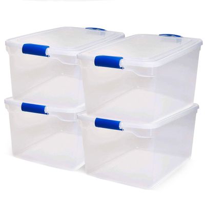 HOMZ 4-Pack Secure Latch, Clear Plastic Storage Organizer Bins, 66 Quart, Blue Latches - Stackable Organizing Containers for Home, Garage, and Office