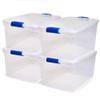 HOMZ 4-Pack Secure Latch, Clear Plastic Storage Organizer Bins, 66 Quart, Blue Latches - Stackable Organizing Containers for Home, Garage, and Office view 1