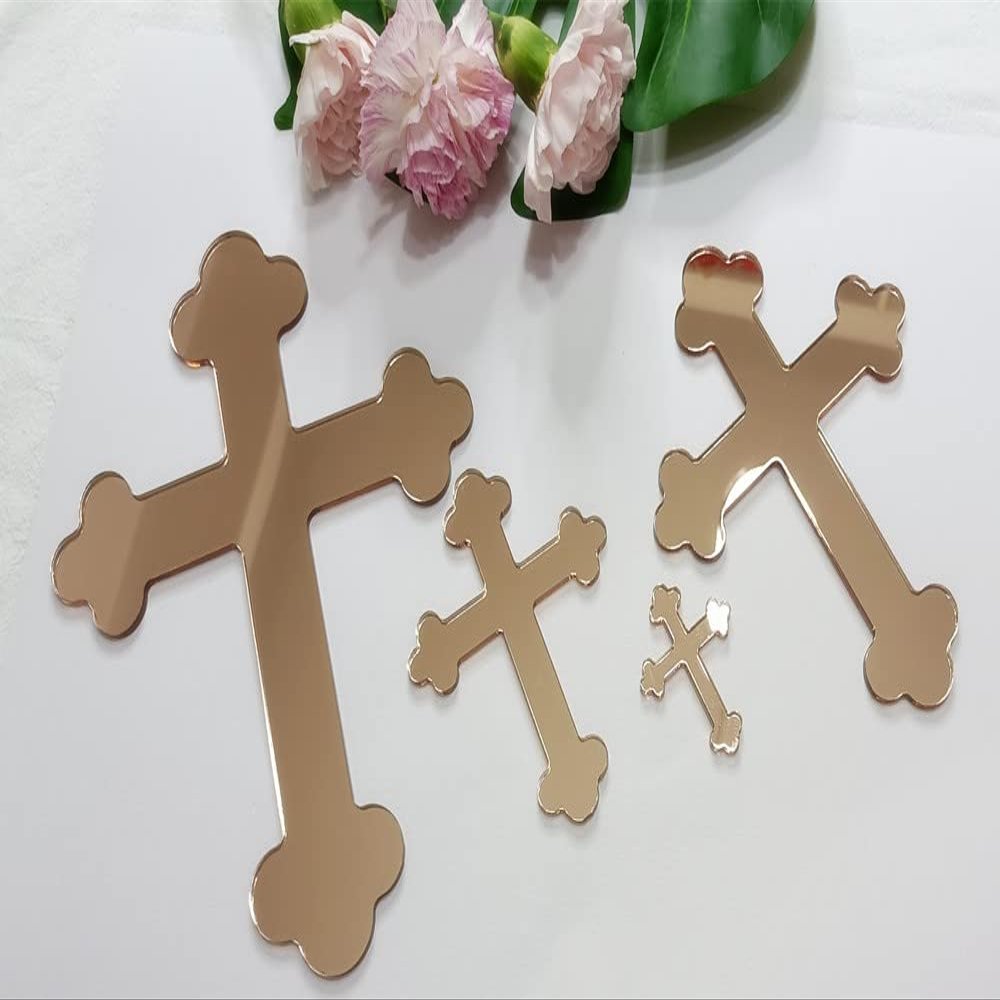 10pcs Acrylic Baptism Cross Cake Topper, Mirror Cross Cake Decor, Gold Holy Communion (8'', Rose Gold Mirror)