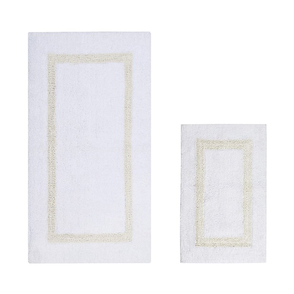 Better Trends 100% Cotton Hotel Collection Bath Mats Set, White & Ivory Mats - Tufted, Reversible & Absorbent & Machine Washable 2 Piece Bathroom Rug Set, Shower & Sink Bath Rug