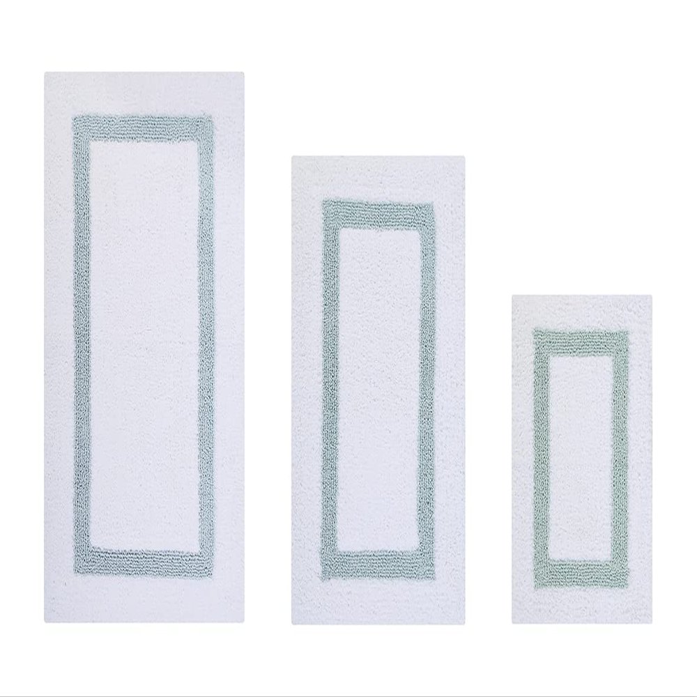 Better Trends 100% Cotton Hotel Collection Bath Mats Set, White & Blue Mats - Tufted, Reversible & Absorbent & Machine Washable 3 Piece Bathroom Rug Set, Toilet Base & Sink Bath Rugs