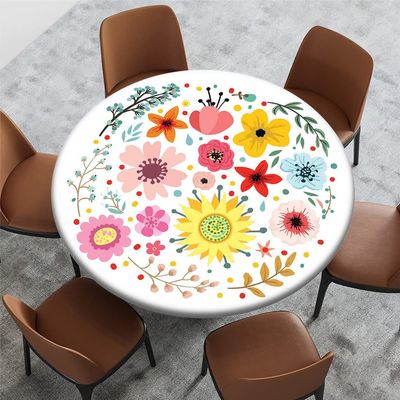 Yaofuren Round Table Cover Flower Pattern, Elastic Edge,Waterproof Wipeable Round Table Cover Dining Room Table,Multicolor,for 28" to 35" Round Tables