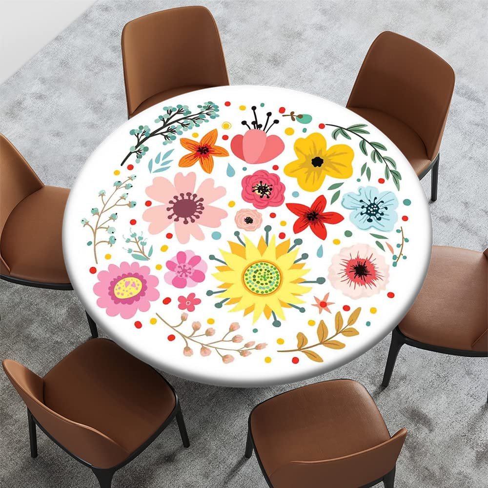 Yaofuren Round Table Cover Flower Pattern, Elastic Edge,Waterproof Wipeable Round Table Cover Dining Room Table,Multicolor,for 28" to 35" Round Tables