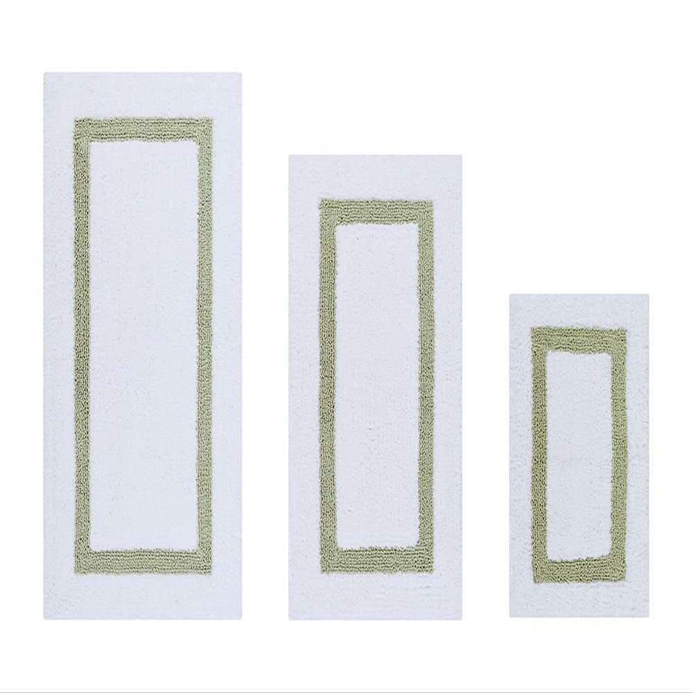 Better Trends 100% Cotton Hotel Collection Bath Mats Set, White & Sage Mats - Tufted, Reversible & Absorbent & Machine Washable 3 Piece Bathroom Rug Set, Toilet Base & Sink Bath Rugs