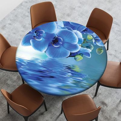 Yaofuren Round Table Cover Flower Pattern, Elastic Edge,Waterproof Wipeable Round Table Cover Suitable for Catering and Kitchen,Blue,for 36" to 44" Round Tables