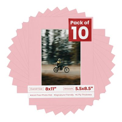 Poster Palooza Pack of Ten Acid Free 8x11 Mats Bevel Cut for 5.5x8.5 Photos - Pink Precut Matboards With Backing Boards and Self Seal Photo Mat Bags For Pictures, Photos, Framing - 4-ply Thickness