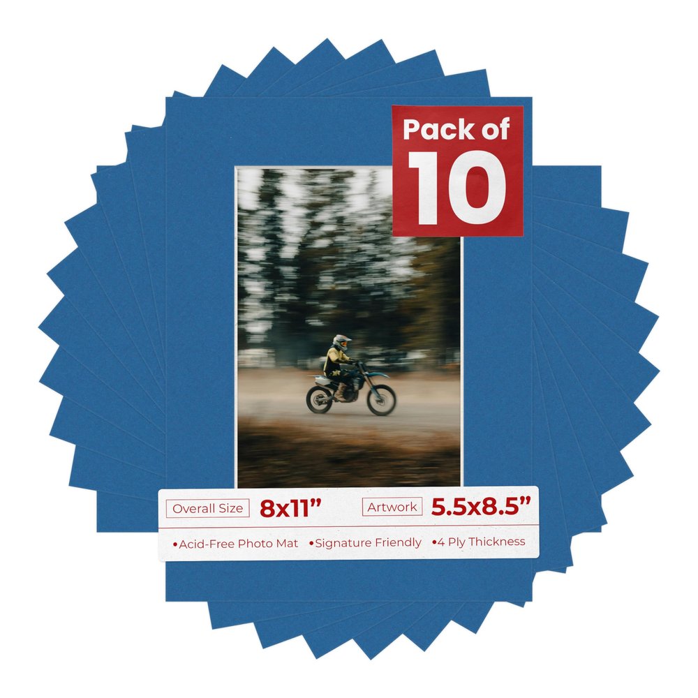 Pack of Ten Acid Free 8x11 Mats Bevel Cut for 5.5x8.5 Photos - Royal Blue Precut Matboards With Backing Boards and Self Seal Photo Mat Bags For Pictures, Photos, Framing - 4-ply Thickness