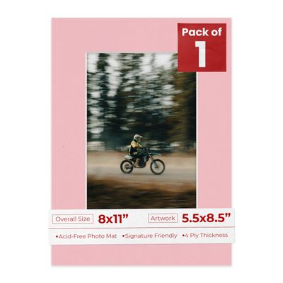 Poster Palooza 8x11 Mat Bevel Cut for 5.5x8.5 Photos - Acid Free Pink Precut Matboard With Backing Board and Crystal Clear, Self Seal Photo Mat Bag - For Pictures, Photos, Framing - 4-ply Thickness