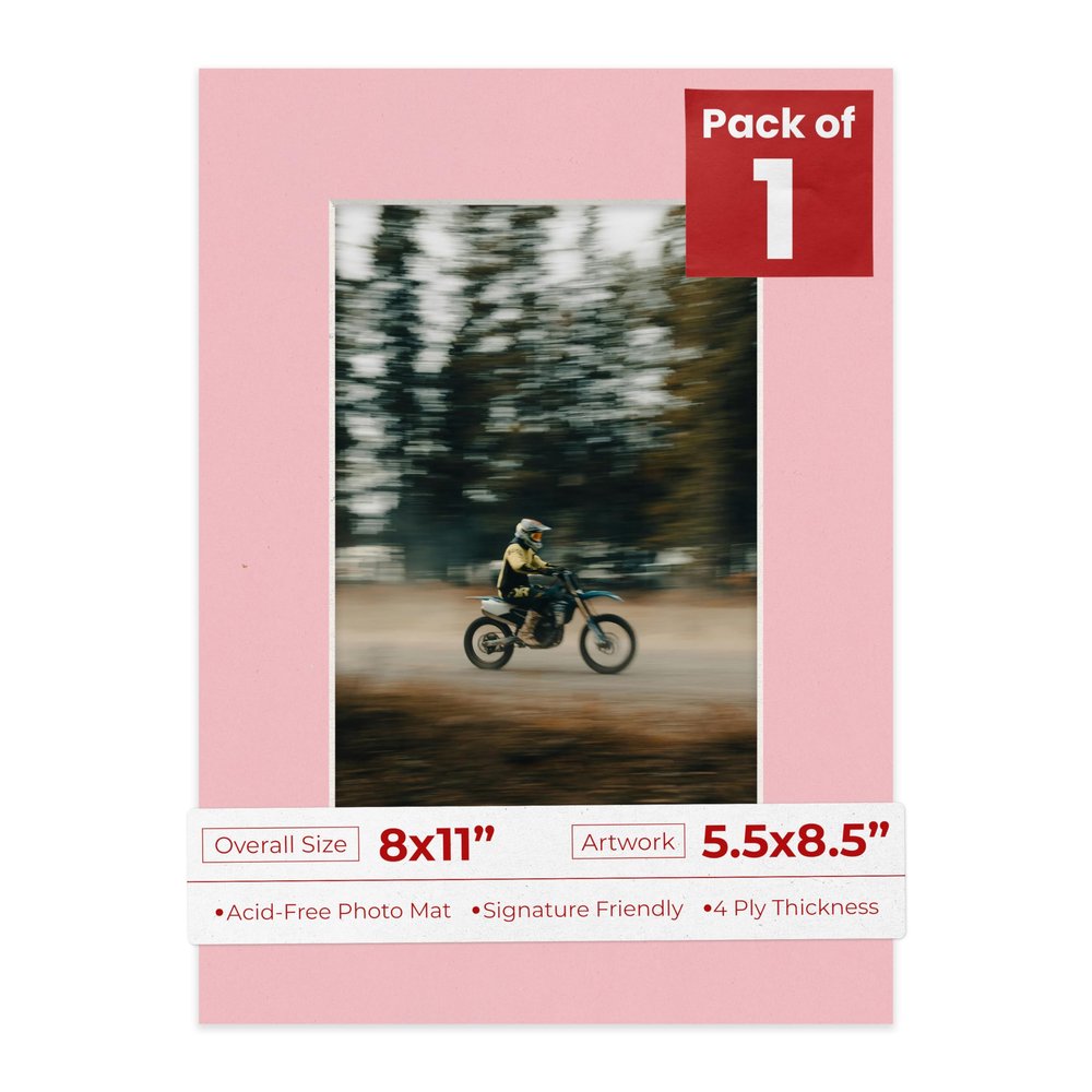 Poster Palooza 8x11 Mat Bevel Cut for 5.5x8.5 Photos - Acid Free Pink Precut Matboard With Backing Board and Crystal Clear, Self Seal Photo Mat Bag - For Pictures, Photos, Framing - 4-ply Thickness