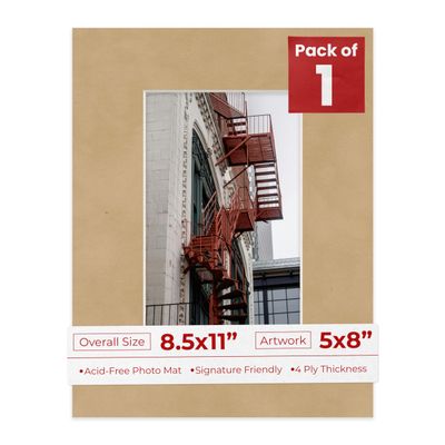 8.5x11 Mat Bevel Cut for 5x8 Photos - Acid Free Beige Suede Precut Matboard With Backing Board and Crystal Clear, Self Seal Photo Mat Bag - For Pictures, Photos, Framing - 4-ply Thickness