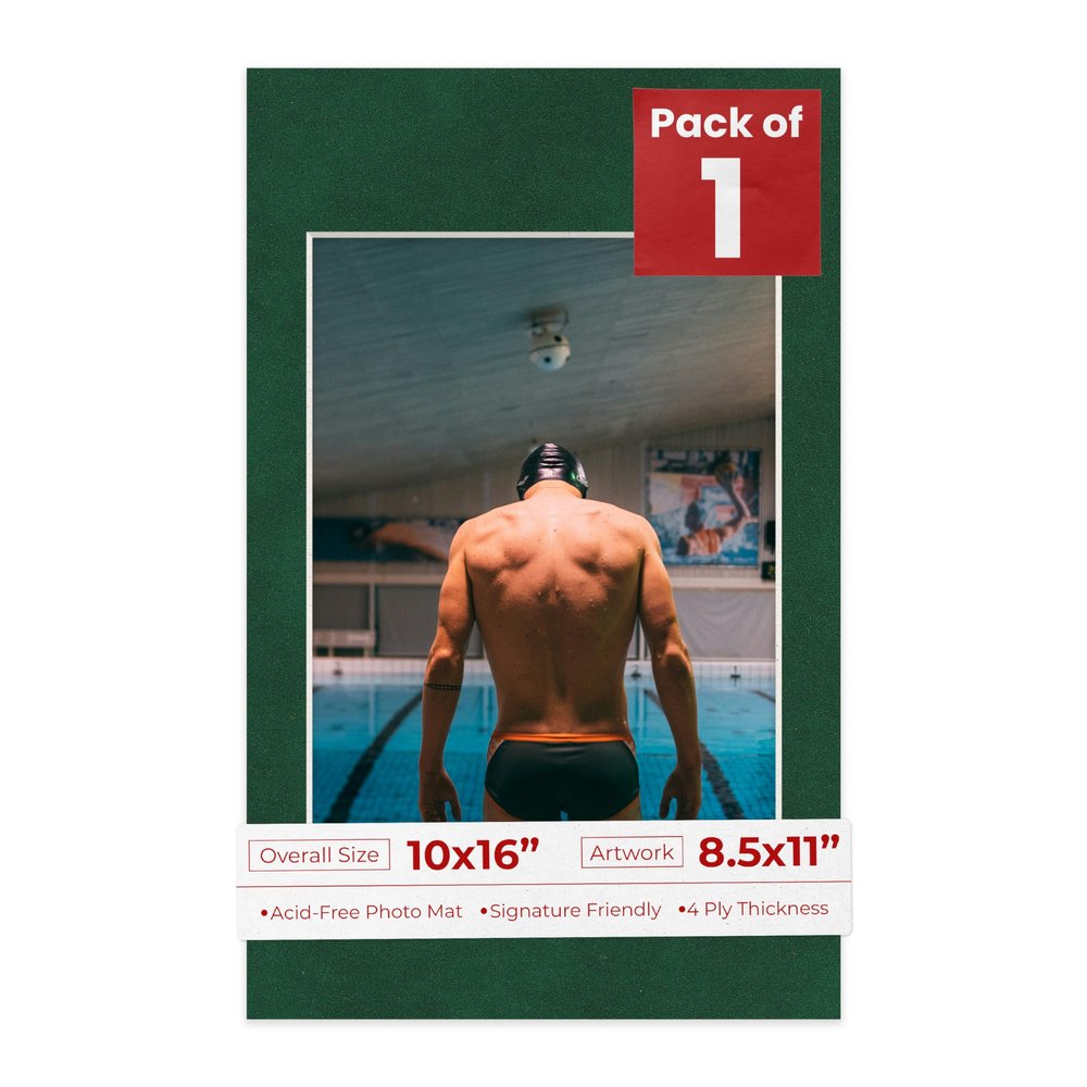 Poster Palooza 10x16 Mat Bevel Cut for 8.5x11 Photos - Acid Free Green Suede Precut Matboard - For Pictures, Photos, Framing - 4-ply Thickness