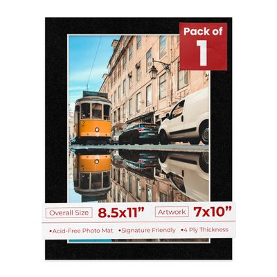 8.5x11 Mat Bevel Cut for 7x10 Photos - Acid Free Black with Black Core Precut Matboard With Backing Board and Crystal Clear, Self Seal Photo Mat Bag - For Pictures, Photos, Framing - 4-ply Thickness