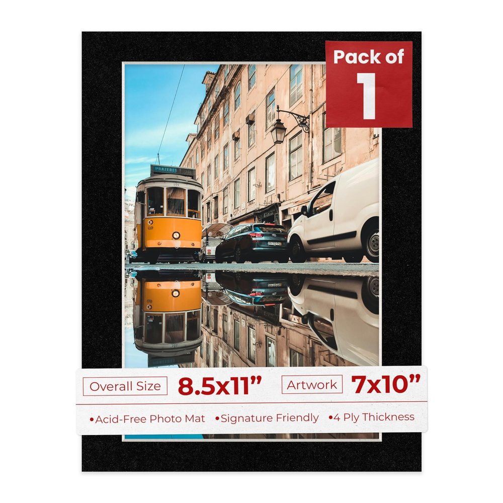 8.5x11 Mat Bevel Cut for 7x10 Photos - Acid Free Black with Black Core Precut Matboard With Backing Board and Crystal Clear, Self Seal Photo Mat Bag - For Pictures, Photos, Framing - 4-ply Thickness