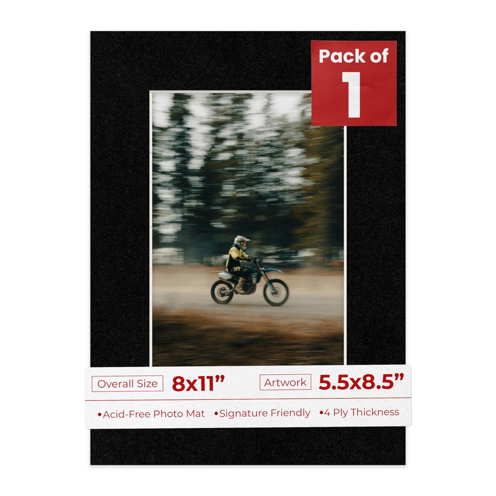 8x11 Mat Bevel Cut for 5.5x8.5 Photos - Acid Free Black with Black Core Precut Matboard With Backing Board and Crystal Clear, Self Seal Photo Mat Bag - For Pictures, Photos, Framing - 4-ply Thickness