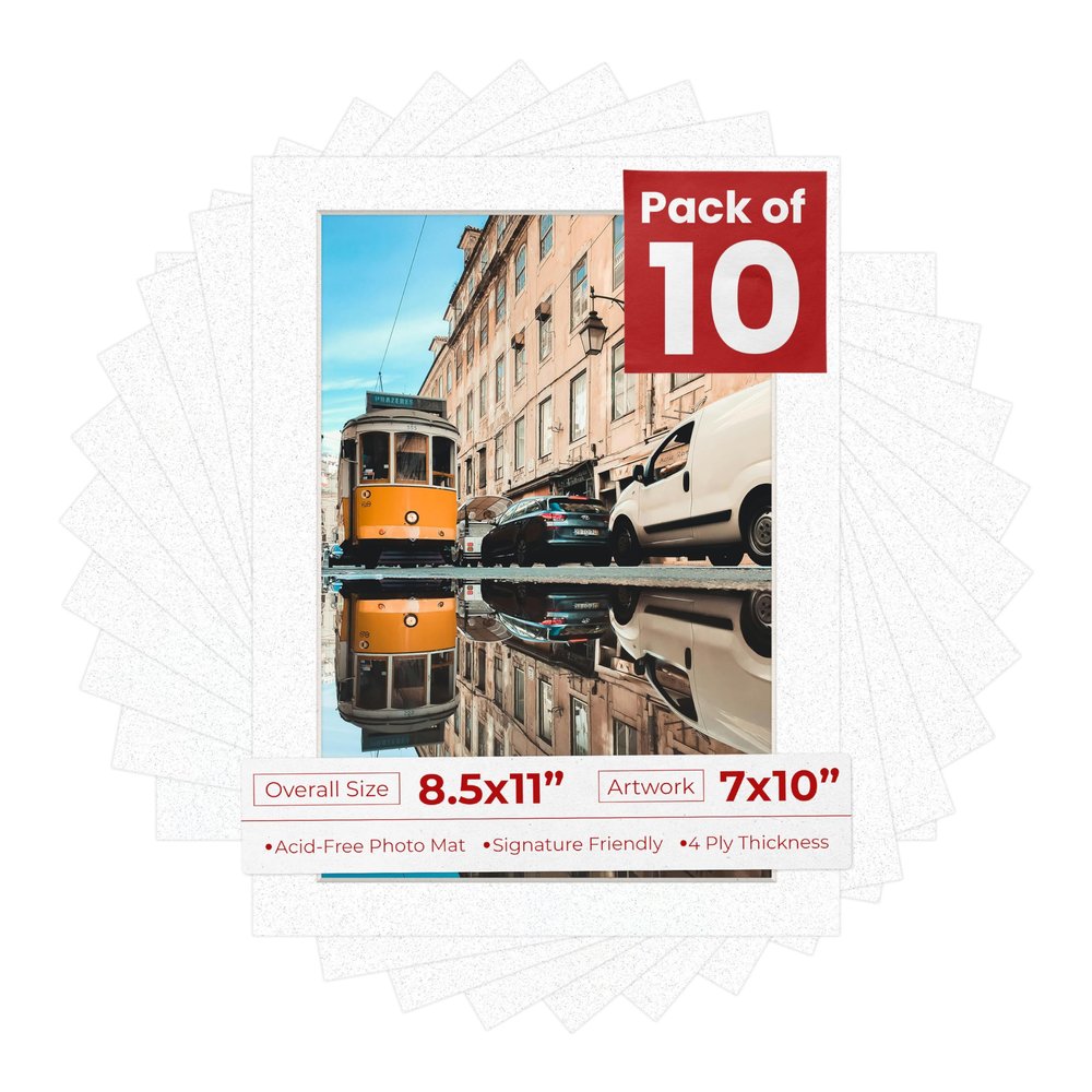 Pack of Ten Acid Free 8.5x11 Mats Bevel Cut for 7x10 Photos - Oyster Shell White Precut Matboards With Backing Boards and Self Seal Photo Mat Bags For Pictures, Photos, Framing - 4-ply Thickness