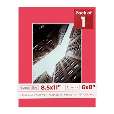 8.5x11 Mat Bevel Cut for 6x8 Photos - Acid Free Cardinal Red Precut Matboard With Backing Board and Crystal Clear, Self Seal Photo Mat Bag - For Pictures, Photos, Framing - 4-ply Thickness