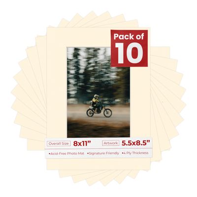 Poster Palooza Pack of Ten Acid Free 8x11 Mats Bevel Cut for 5.5x8.5 Photos - Cream Precut Matboards With Backing Boards and Self Seal Photo Mat Bags For Pictures, Photos, Framing - 4-ply Thickness