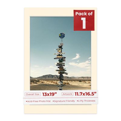13x19 Mat Bevel Cut for 11.7x16.5 Photos - Acid Free Cream Precut Matboard With Backing Board and Crystal Clear, Self Seal Photo Mat Bag - For Pictures, Photos, Framing - 4-ply Thickness