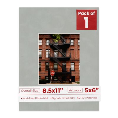 Poster Palooza 8.5x11 Mat Bevel Cut for 5x6 Photos - Acid Free Light Grey Suede Precut Matboard - For Pictures, Photos, Framing - 4-ply Thickness