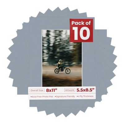Pack of Ten Acid Free 8x11 Mats Bevel Cut for 5.5x8.5 Photos - Mid Grey Precut Matboards With Backing Boards and Self Seal Photo Mat Bags For Pictures, Photos, Framing - 4-ply Thickness