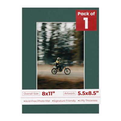8x11 Mat Bevel Cut for 5.5x8.5 Photos - Acid Free Forest Green Precut Matboard With Backing Board and Crystal Clear, Self Seal Photo Mat Bag - For Pictures, Photos, Framing - 4-ply Thickness