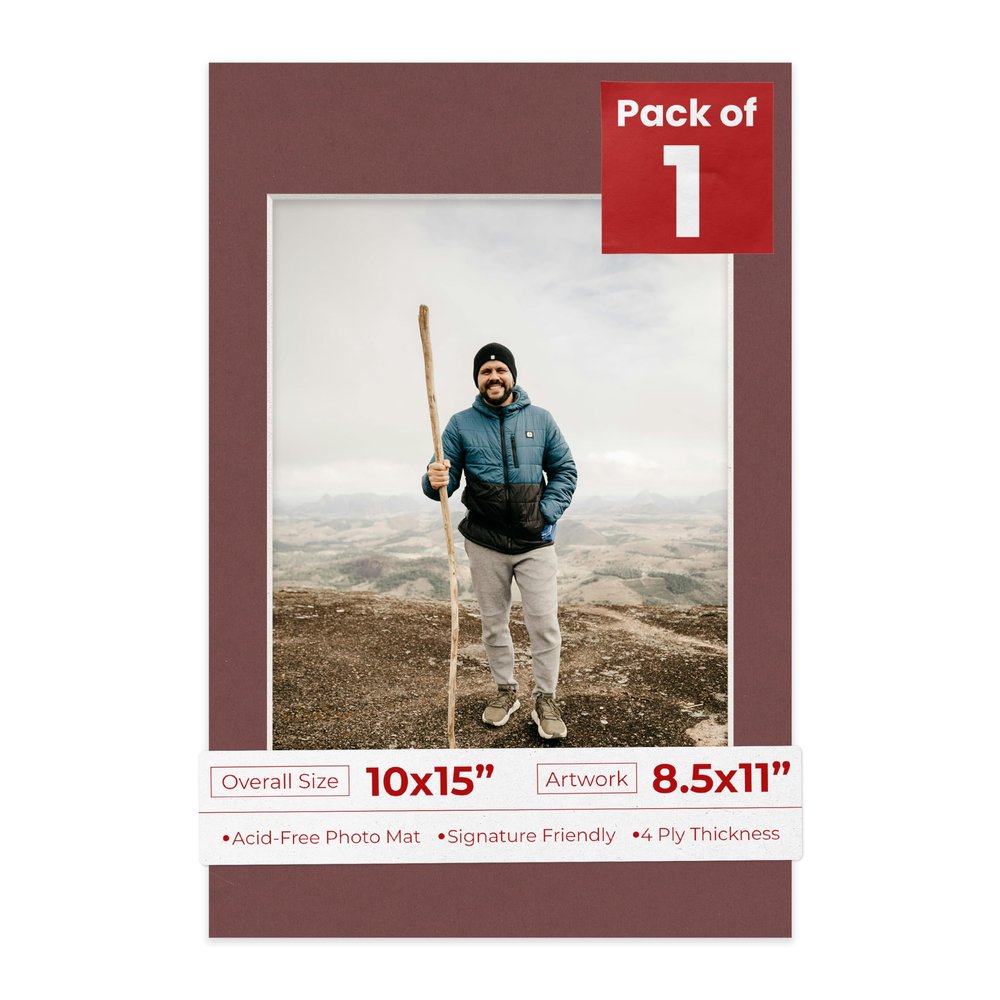 10x15 Mat Bevel Cut for 8.5x11 Photos - Acid Free Maroon Red Precut Matboard With Backing Board and Crystal Clear, Self Seal Photo Mat Bag - For Pictures, Photos, Framing - 4-ply Thickness