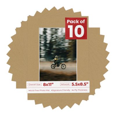 Pack of Ten Acid Free 8x11 Mats Bevel Cut for 5.5x8.5 Photos - Rattan Beige Precut Matboards With Backing Boards and Self Seal Photo Mat Bags For Pictures, Photos, Framing - 4-ply Thickness