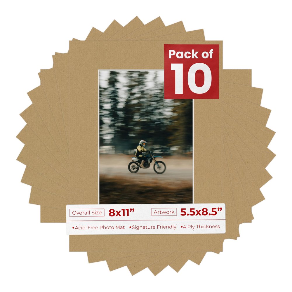 Pack of Ten Acid Free 8x11 Mats Bevel Cut for 5.5x8.5 Photos - Rattan Beige Precut Matboards With Backing Boards and Self Seal Photo Mat Bags For Pictures, Photos, Framing - 4-ply Thickness