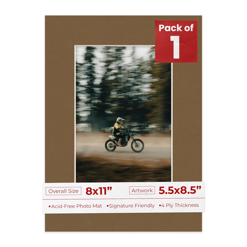 8x11 Mat Bevel Cut for 5.5x8.5 Photos - Acid Free Aged Oak Brown Precut Matboard With Backing Board and Crystal Clear, Self Seal Photo Mat Bag - For Pictures, Photos, Framing - 4-ply Thickness
