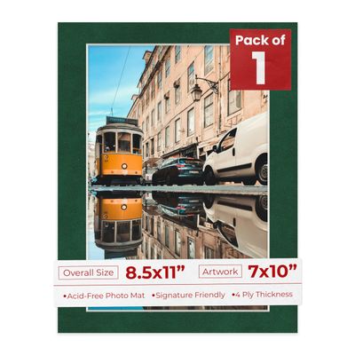 8.5x11 Mat Bevel Cut for 7x10 Photos - Acid Free Green Suede Precut Matboard With Backing Board and Crystal Clear, Self Seal Photo Mat Bag - For Pictures, Photos, Framing - 4-ply Thickness