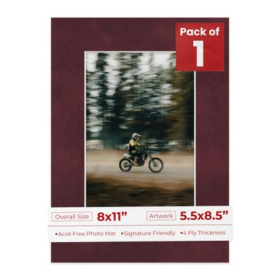 8x11 Mat Bevel Cut for 5.5x8.5 Photos - Acid Free Dark Red Suede Precut Matboard With Backing Board and Crystal Clear, Self Seal Photo Mat Bag - For Pictures, Photos, Framing - 4-ply Thickness